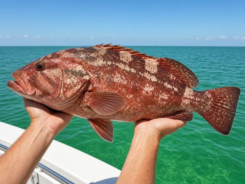 Grouper held over the emerald Gulf water